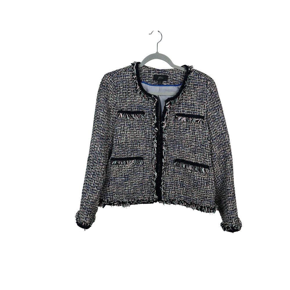 J.Crew Tweed Lady Jacket Women 12 Multi Color Excellent Fringe Trim Blazer